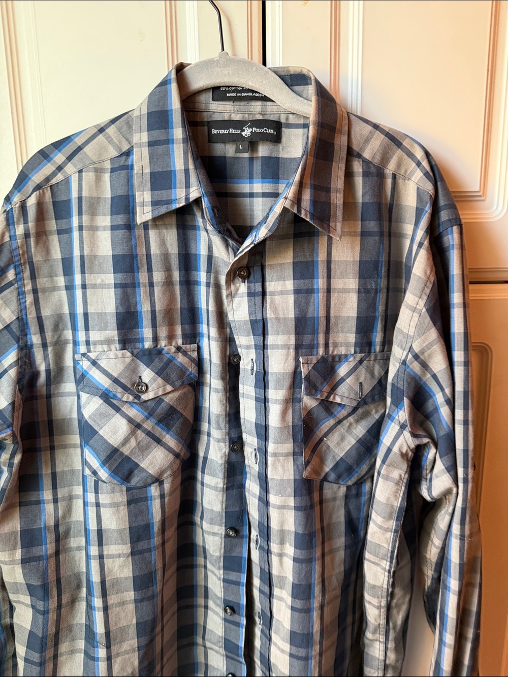 Beverly Hills Polo Club Men's Blue and Gray Plaid Button-Down Shirt
